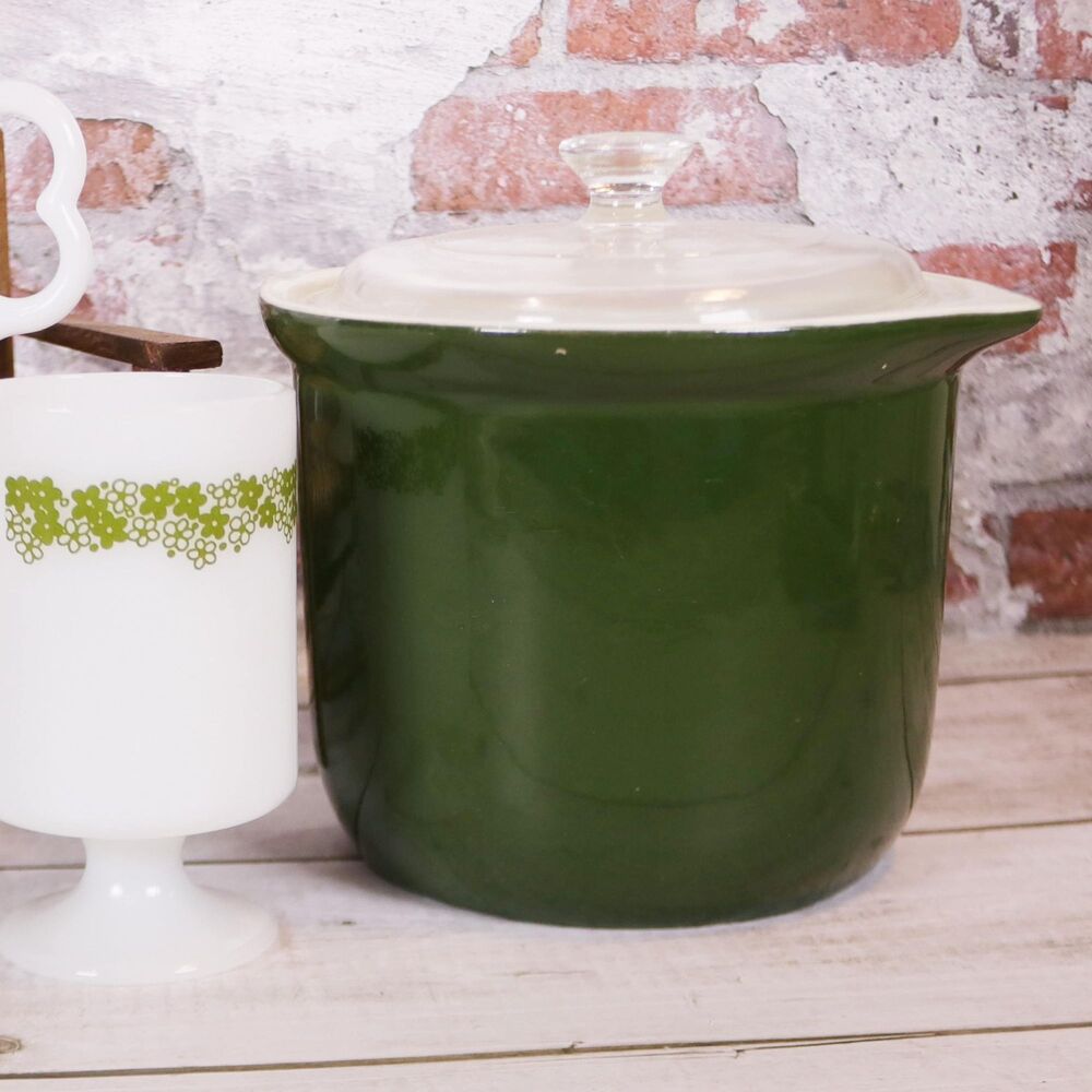 Shawnee Pottery Crock Canister Green White Pyrex top Vintage 70s
